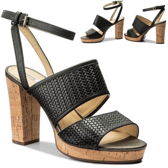 Geox Mauvelle Black Leather ankle strap block heel sandal platform dress shoes 8 - Picture 3 of 12